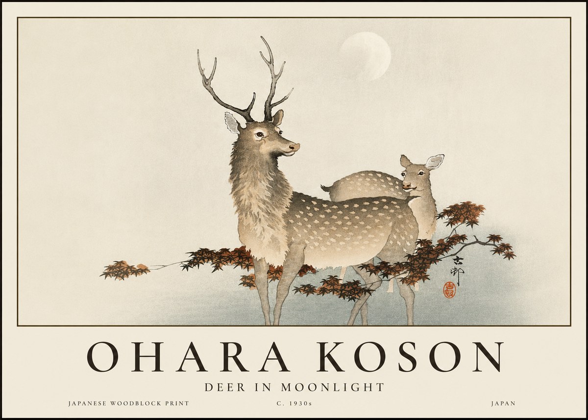 Ohara Koson Deer in Moonlight No3 - Juliste