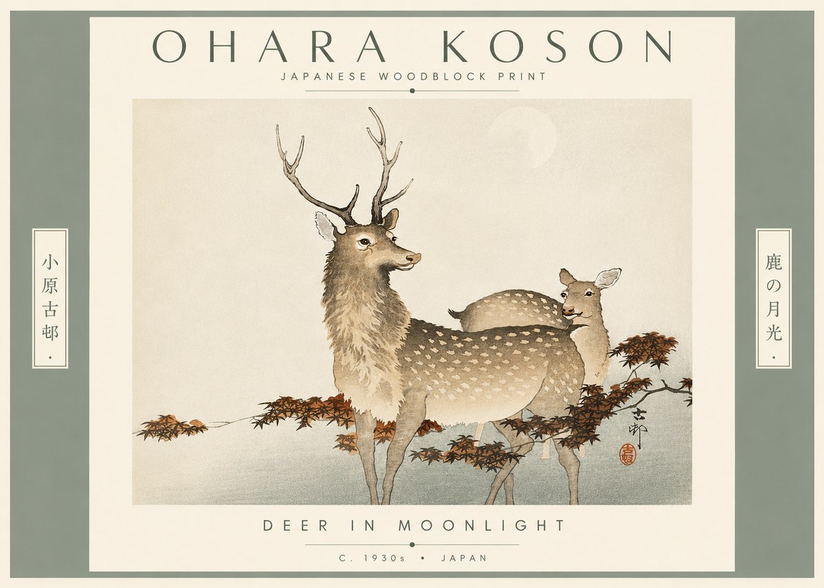 Ohara Koson Deer in Moonlight No4 - Juliste