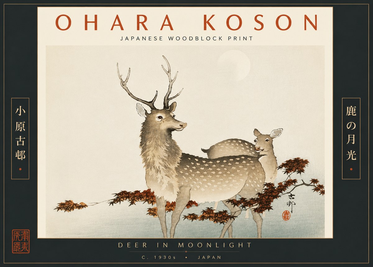 Ohara Koson Deer in Moonlight No6 - Juliste