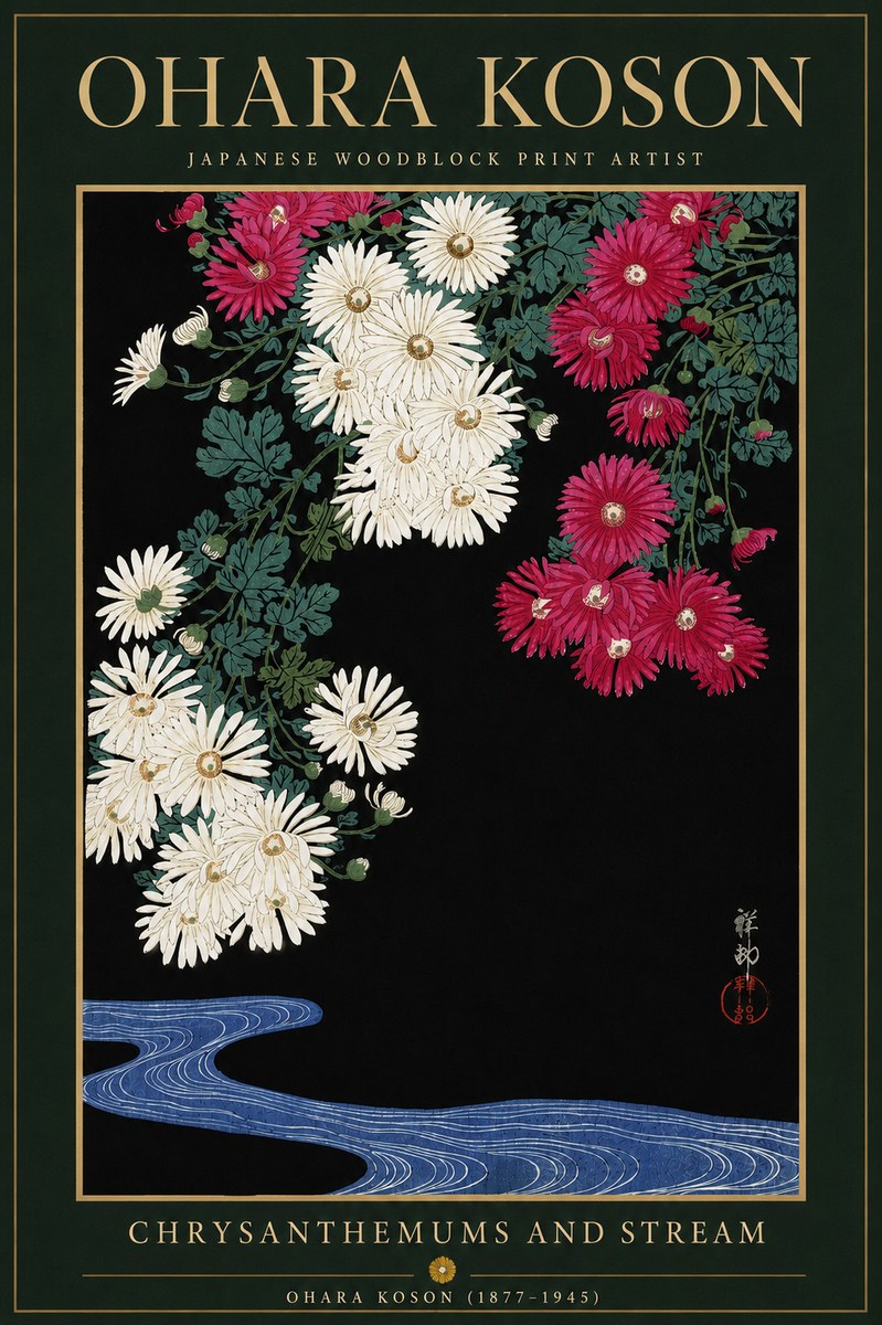 Ohara Koson Chrysanthemums and Stream No6 - Juliste