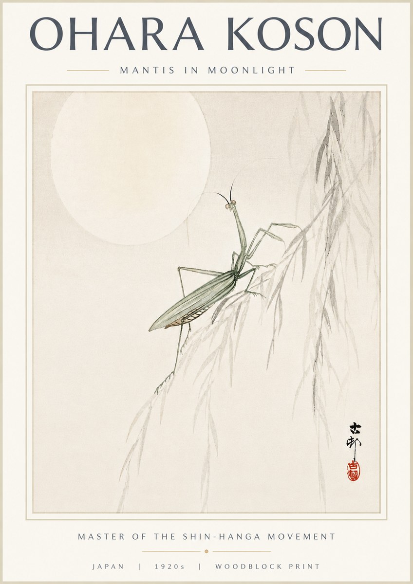 Ohara Koson Mantis in Moonlight No5 - Juliste