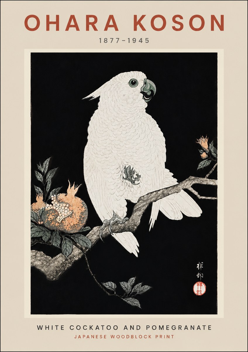 Ohara Koson White Cockatoo and Pomegranate II No2 - Juliste