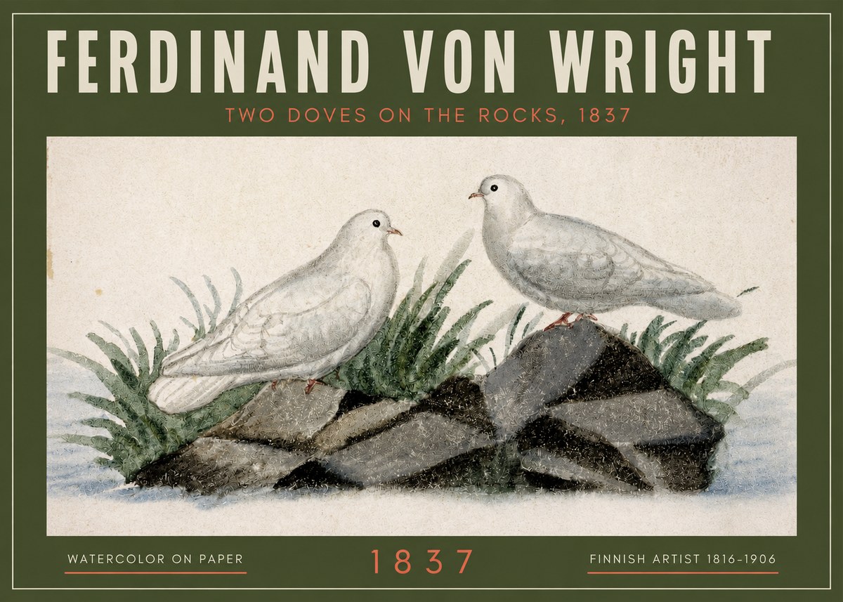 Ferdinand von Wright Two Doves on the Rocks, 1837 No2 - Juliste
