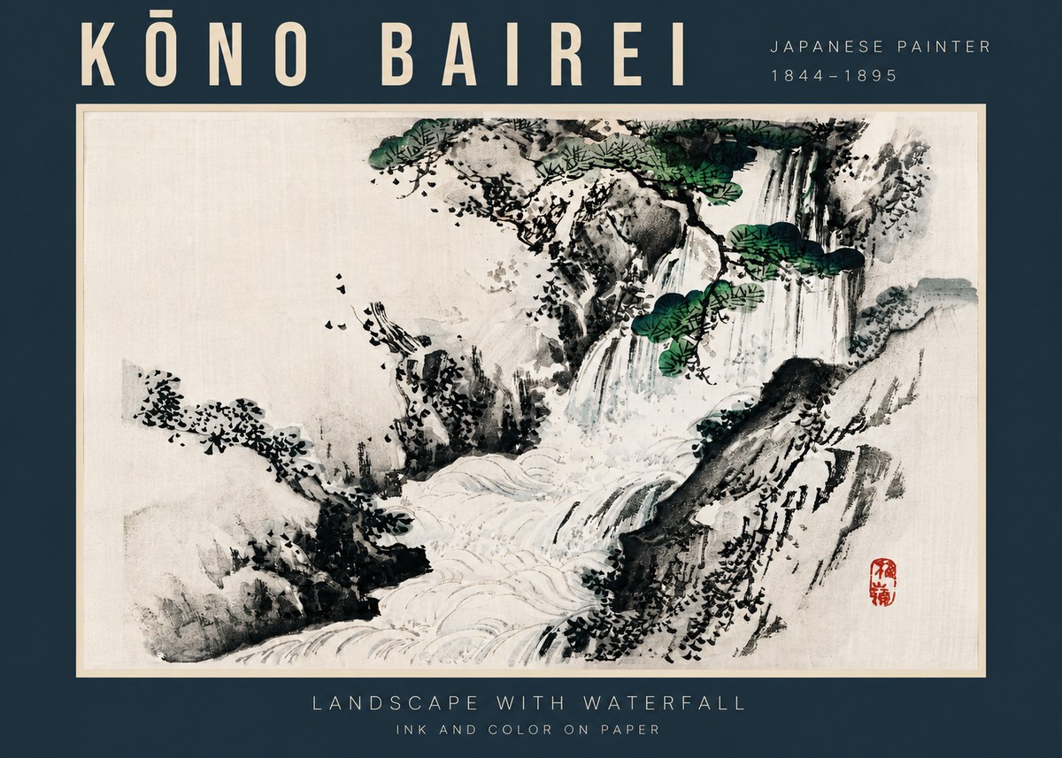 Kōno Bairei Landscape with Waterfall No4 - Juliste