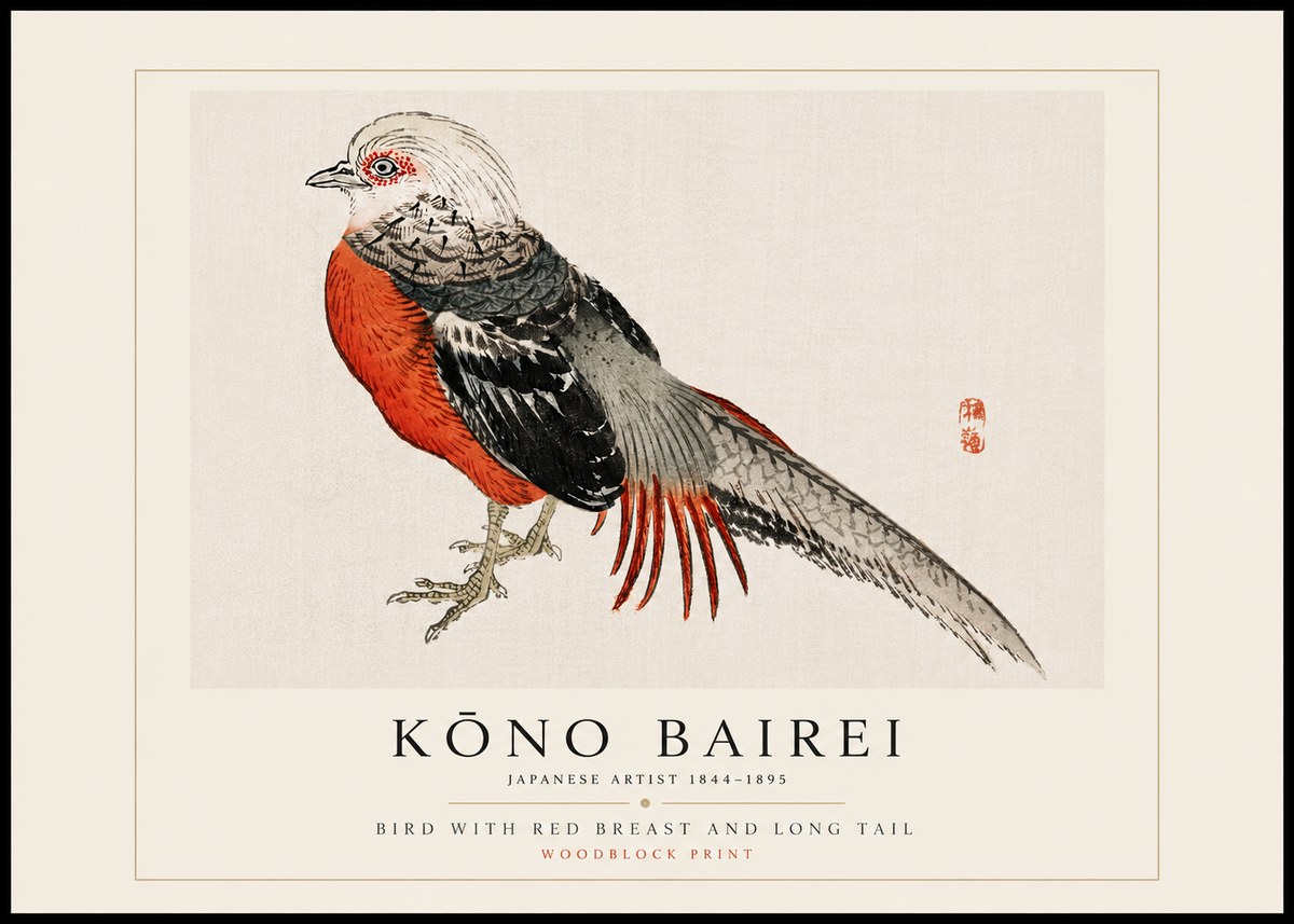 Kōno Bairei Bird with Red Breast and Long Tail No5 - Juliste