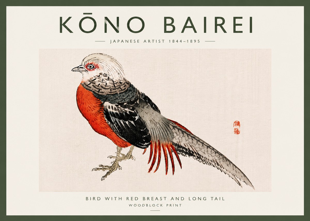 Kōno Bairei Bird with Red Breast and Long Tail No6 - Juliste