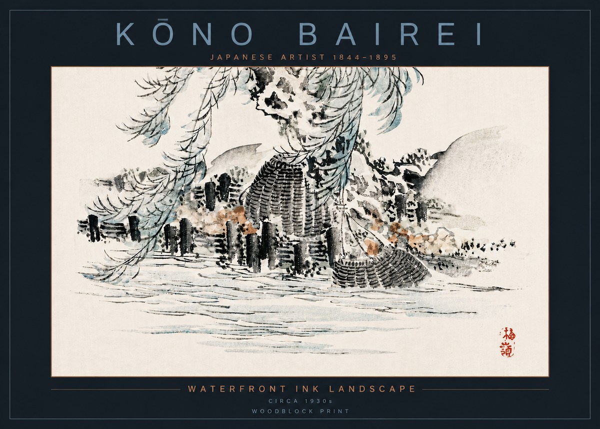 Kōno Bairei Waterfront Ink Landscape No4 - Juliste