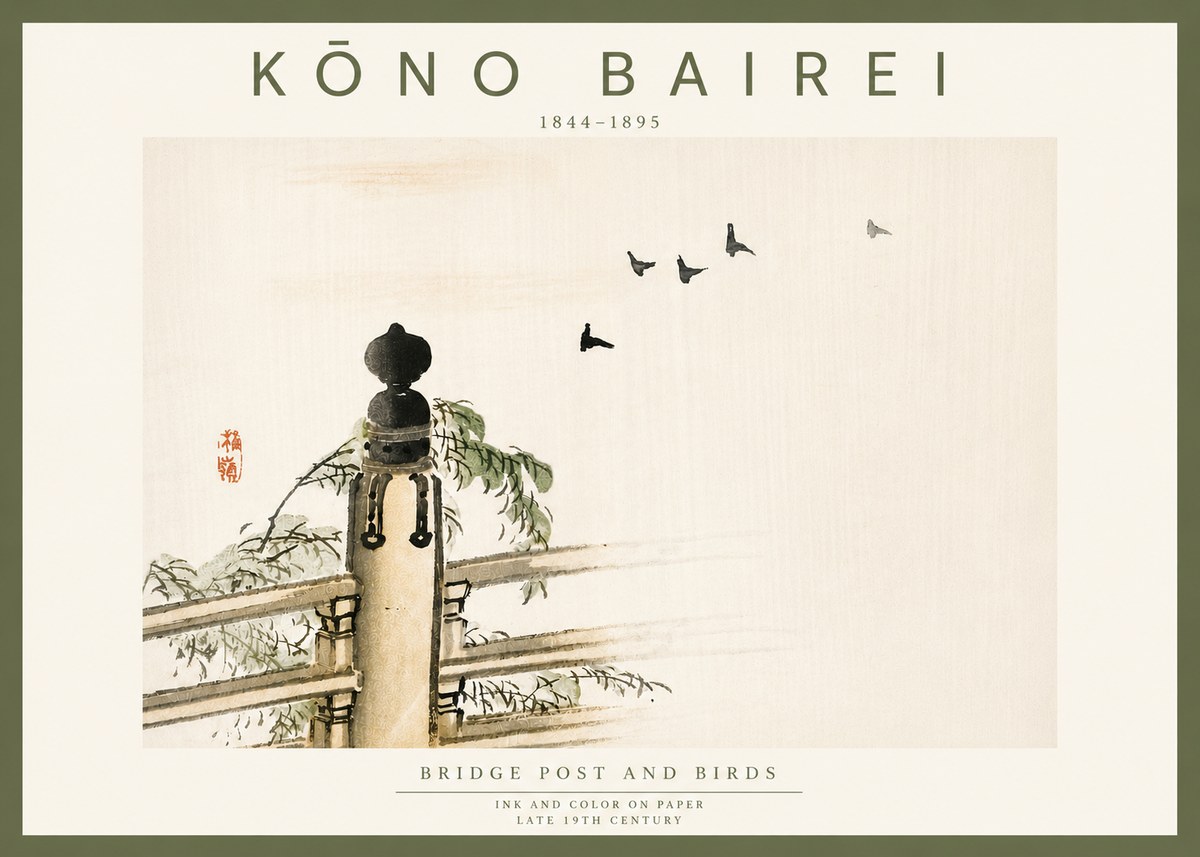 Kōno Bairei Bridge Post and Birds No6 - Juliste