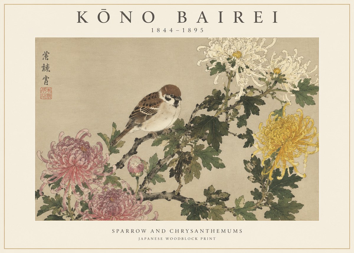 Kōno Bairei Sparrow and Chrysanthemums No1 - Juliste