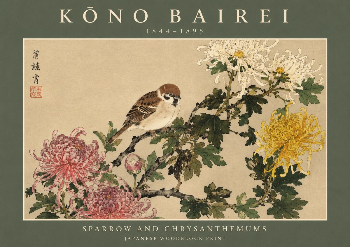 Kōno Bairei Sparrow and Chrysanthemums No2 - Juliste