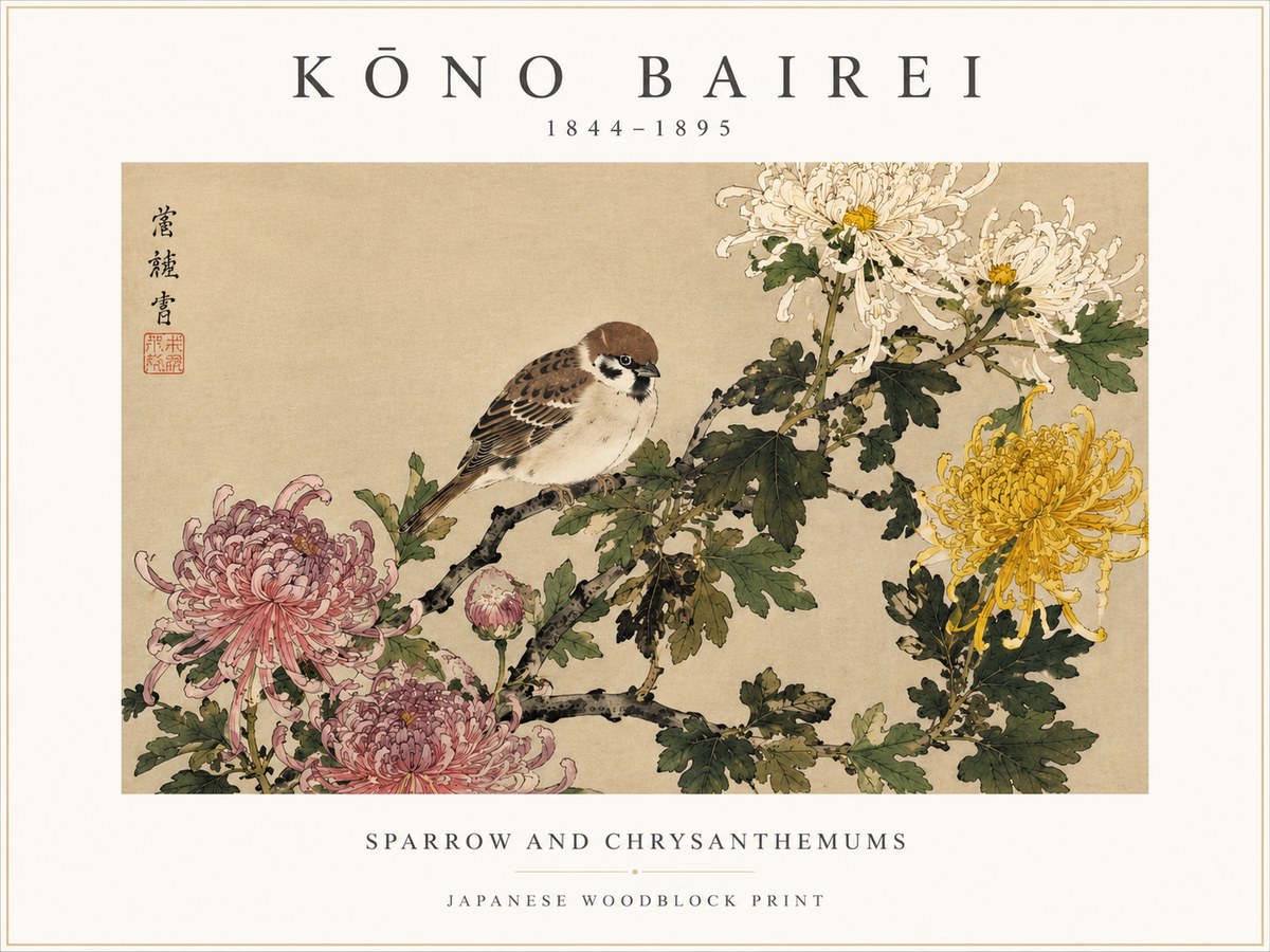 Kōno Bairei Sparrow and Chrysanthemums No3 - Juliste