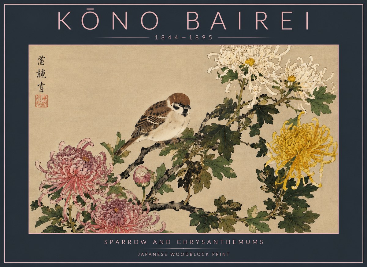 Kōno Bairei Sparrow and Chrysanthemums No4 - Juliste