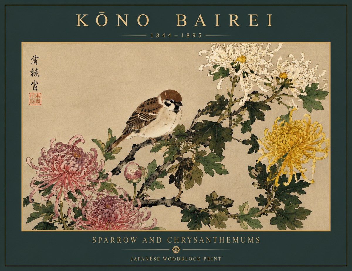 Kōno Bairei Sparrow and Chrysanthemums No5 - Juliste