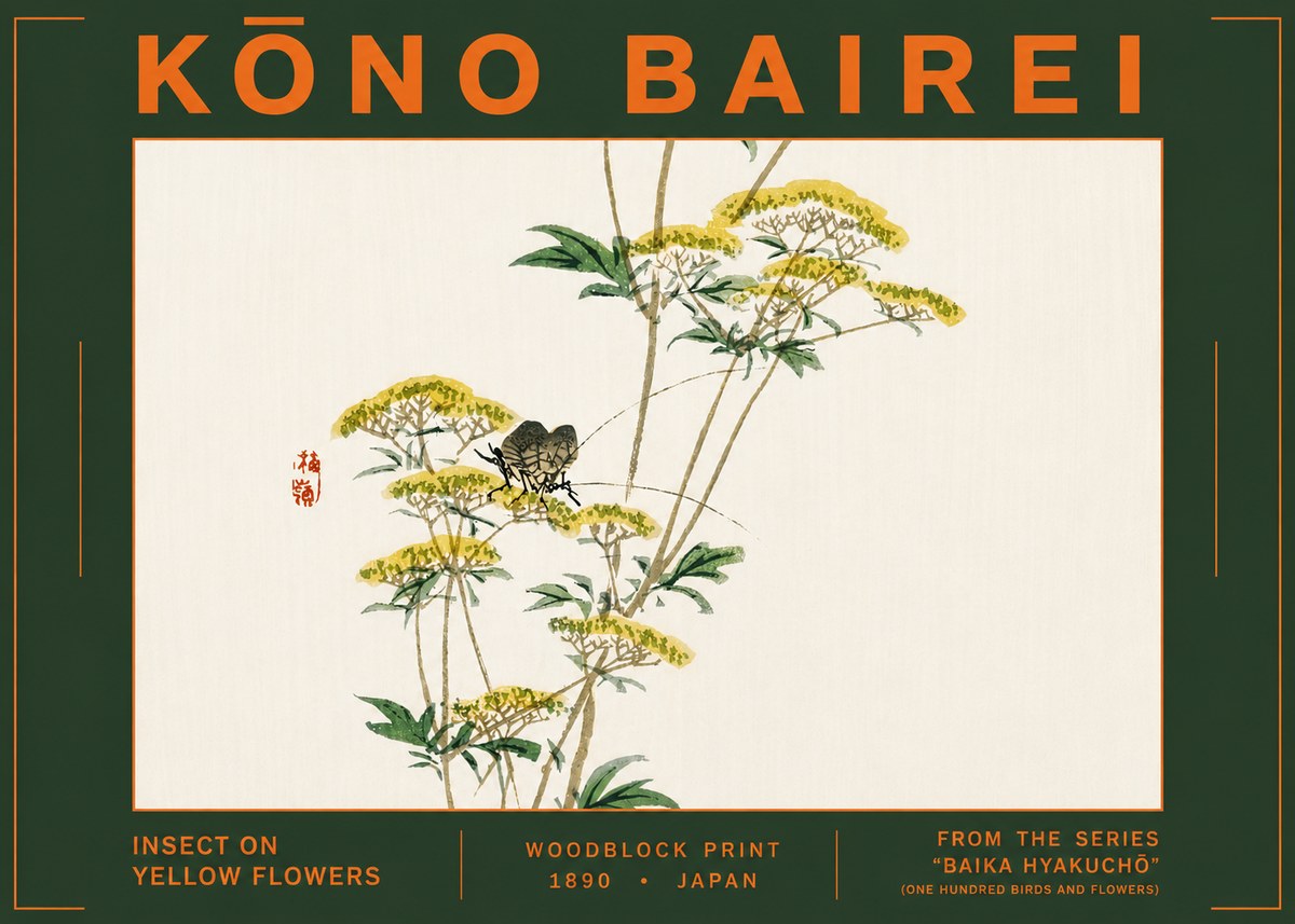 Kōno Bairei Insect on Yellow Flowers No6 - Juliste