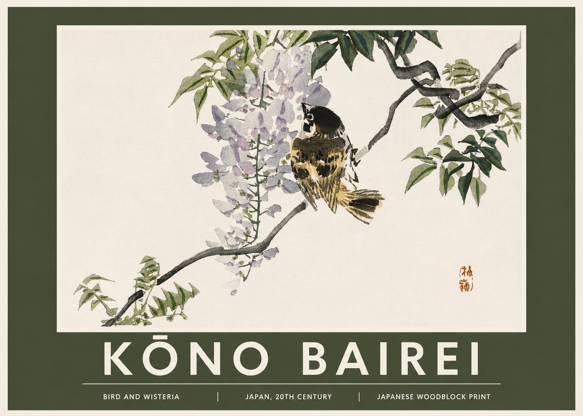 Kōno Bairei Wisteria and Bird No3 - Juliste