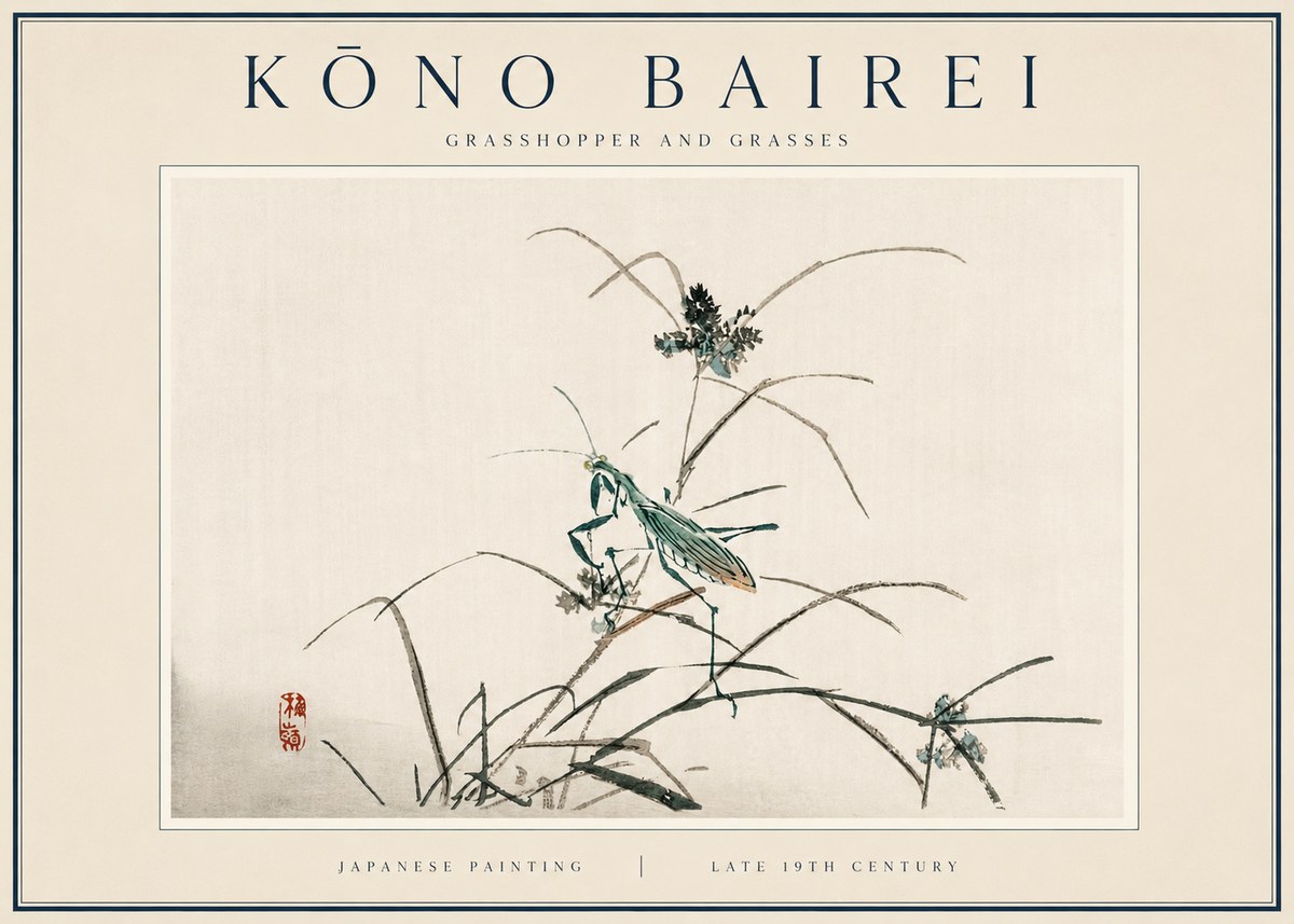 Kōno Bairei Grasshopper and Grasses No3 - Juliste
