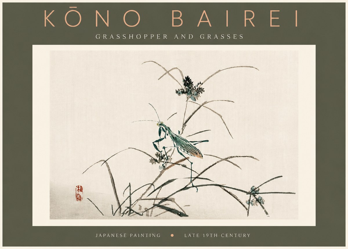 Kōno Bairei Grasshopper and Grasses No4 - Juliste
