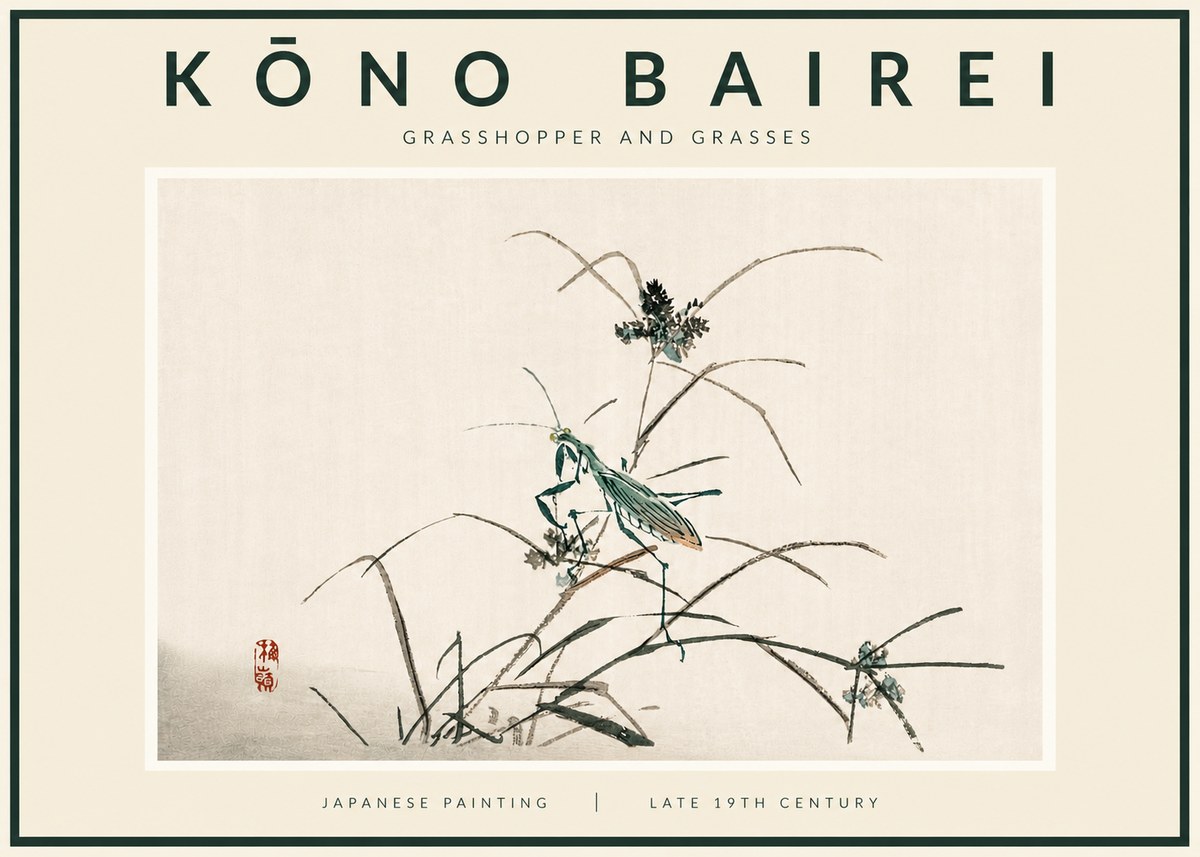 Kōno Bairei Grasshopper and Grasses No5 - Juliste