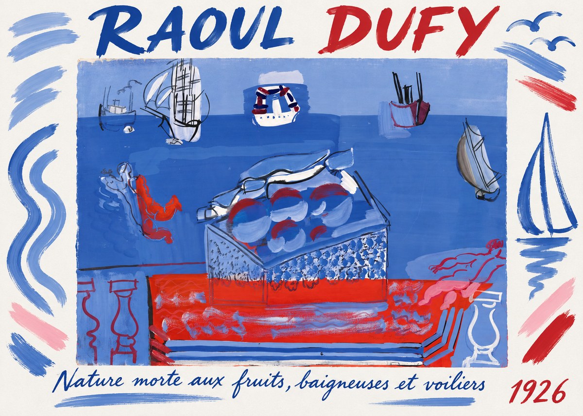 Raoul Dufy Nature Morte Aux Fruits, Baigneuses Et Voiliers No1 - Juliste
