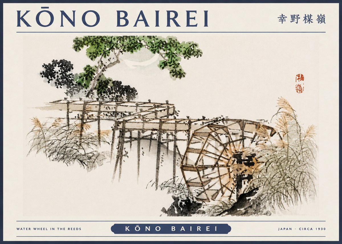 Kōno Bairei Water Wheel in the Reeds No3 - Juliste