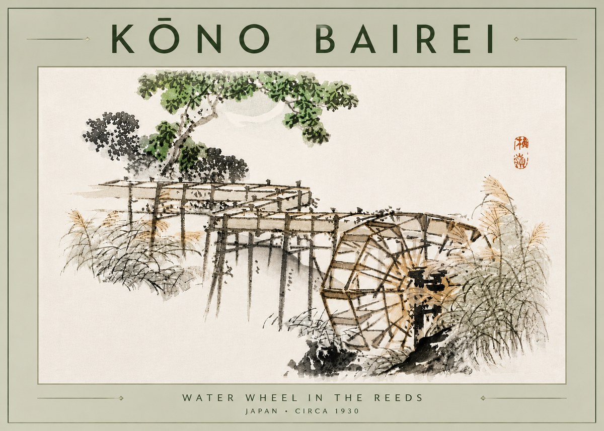 Kōno Bairei Water Wheel in the Reeds No6 - Juliste