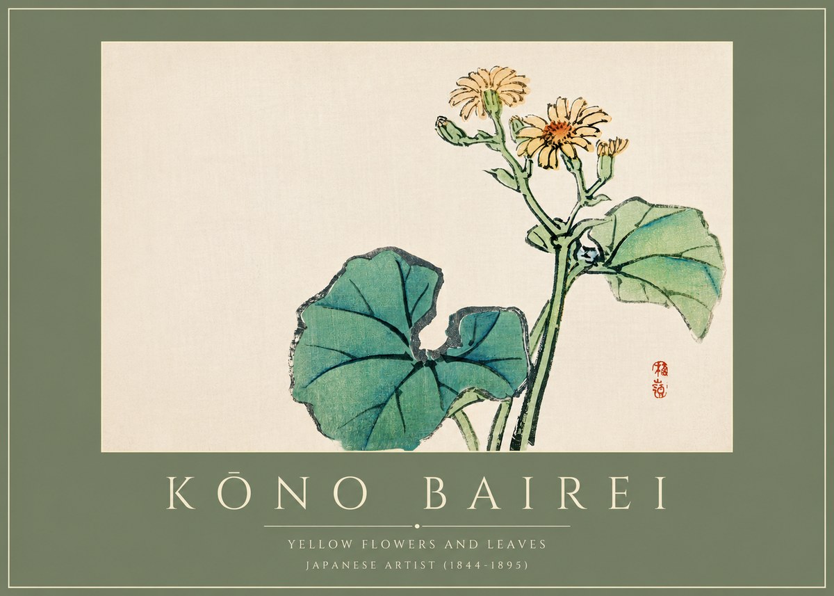 Kōno Bairei Yellow Flowers and Leaves No2 - Juliste