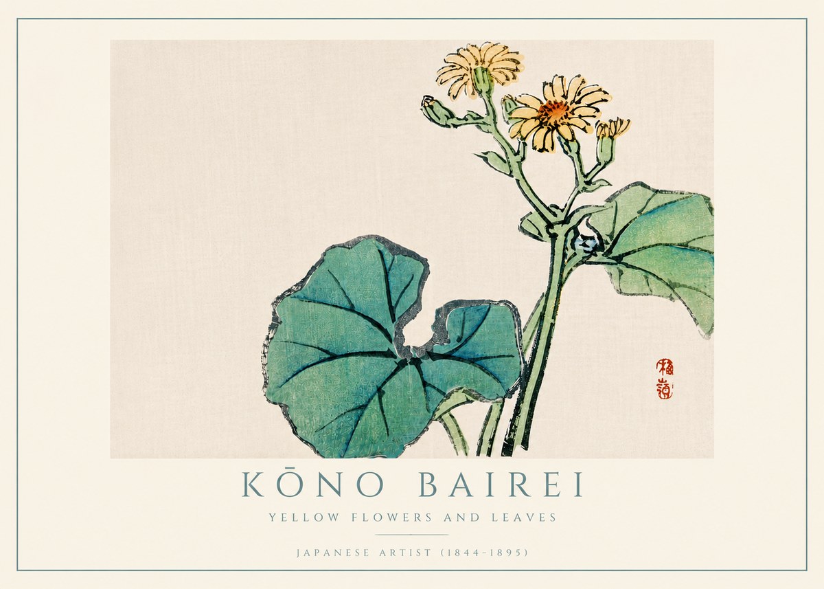 Kōno Bairei Yellow Flowers and Leaves No4 - Juliste