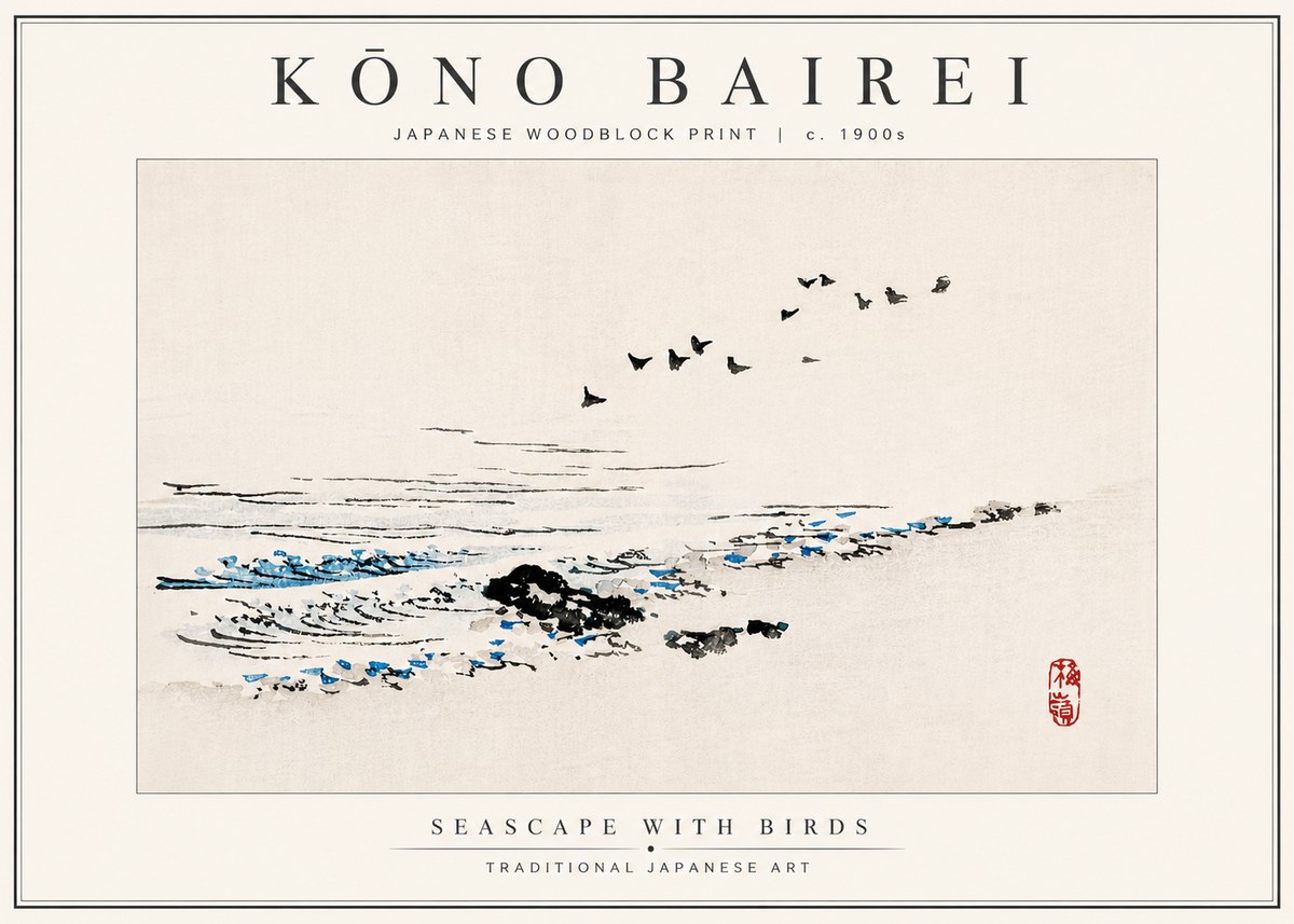Kōno Bairei Seascape with Birds No4 - Juliste