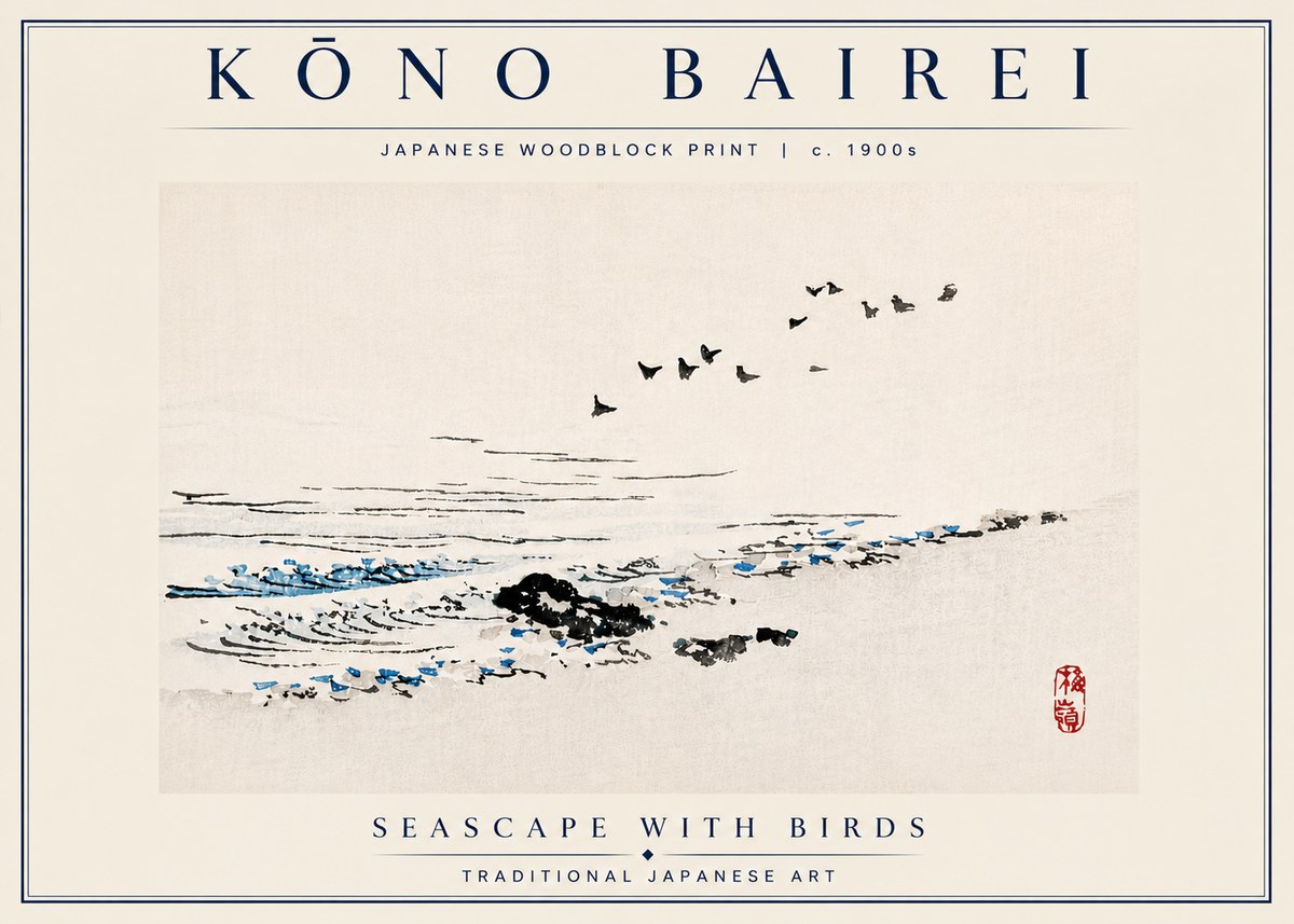 Kōno Bairei Seascape with Birds No6 - Juliste