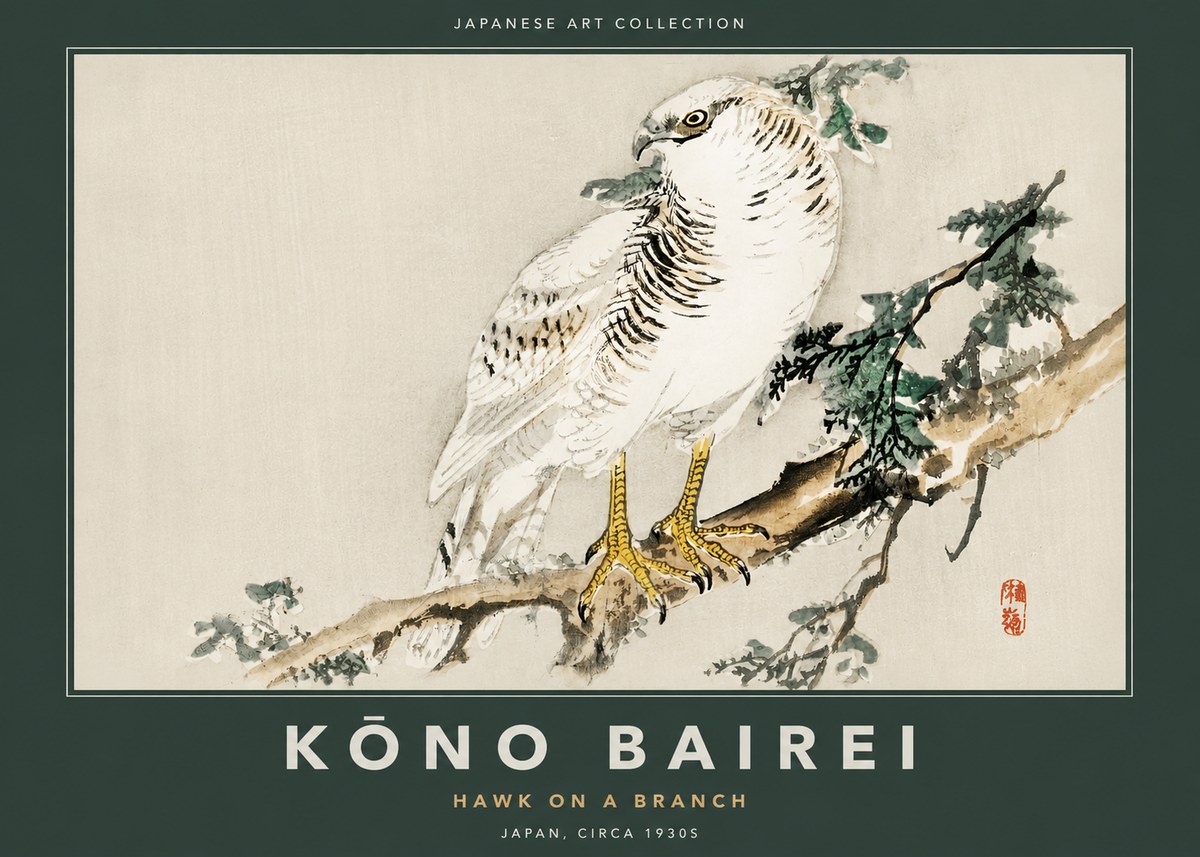 Kōno Bairei Hawk on a Branch No2 - Juliste