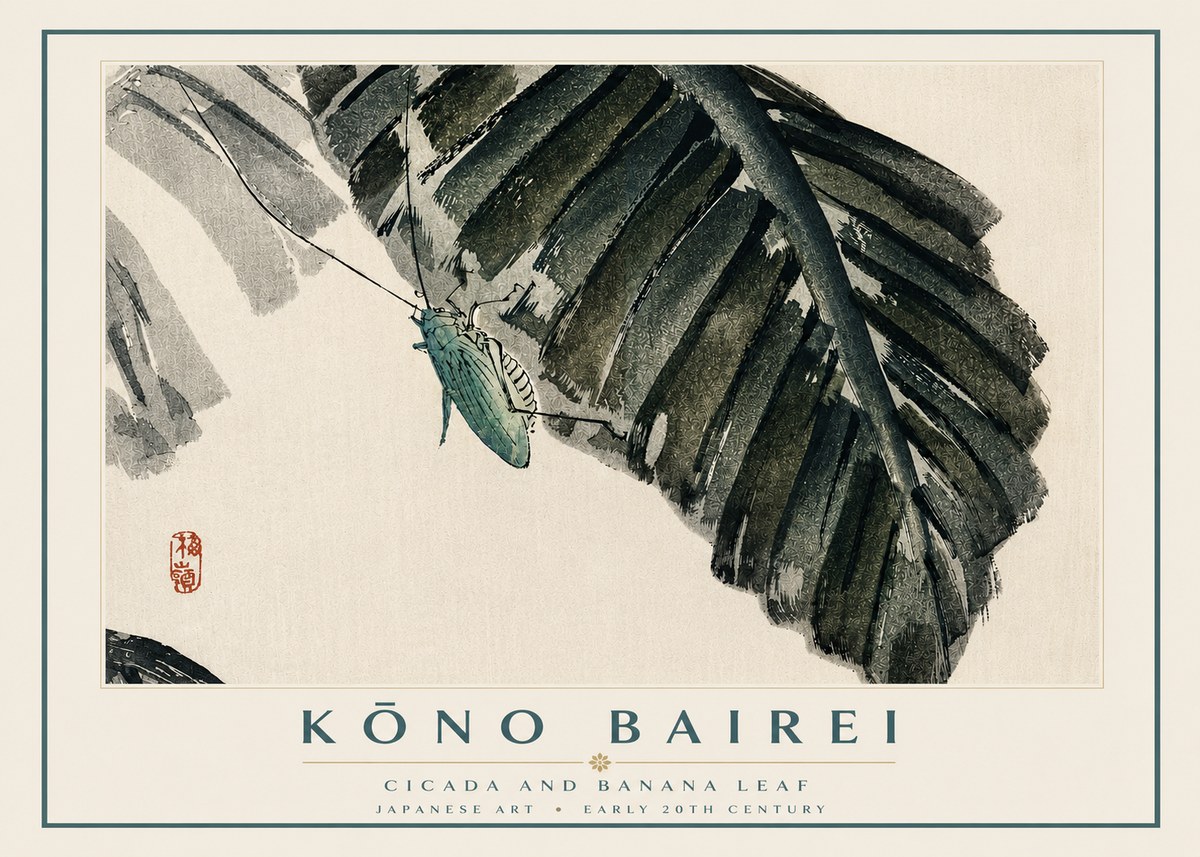 Kōno Bairei Cicada and Banana Leaf No3 - Juliste