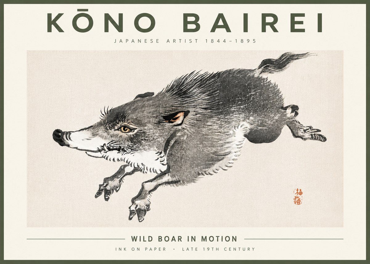 Kōno Bairei Wild Boar in Motion No4 - Juliste