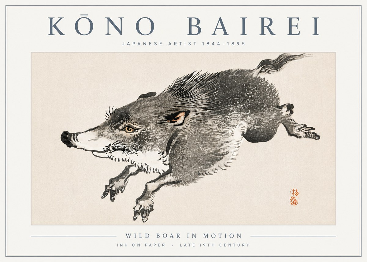 Kōno Bairei Wild Boar in Motion No6 - Juliste