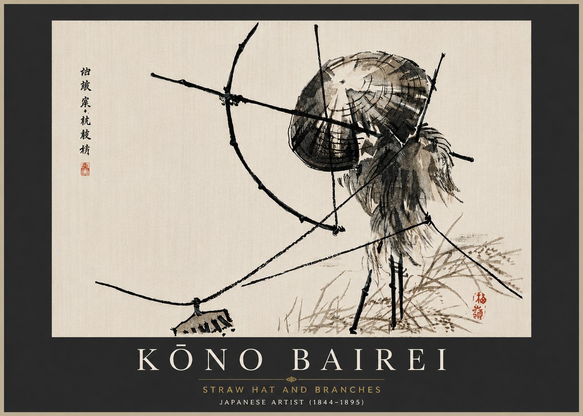 Kōno Bairei Straw Hat and Branches No5 - Juliste
