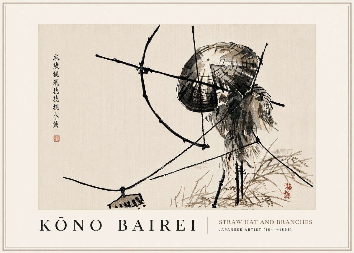 Kōno Bairei Straw Hat and Branches No6 - Juliste