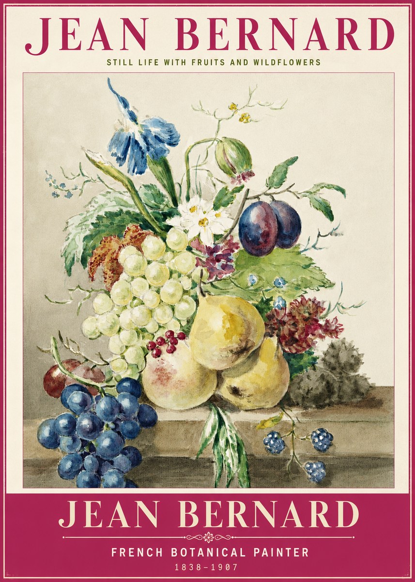 Jean Bernard Still Life with Fruits and Wildflowers No2 - Juliste