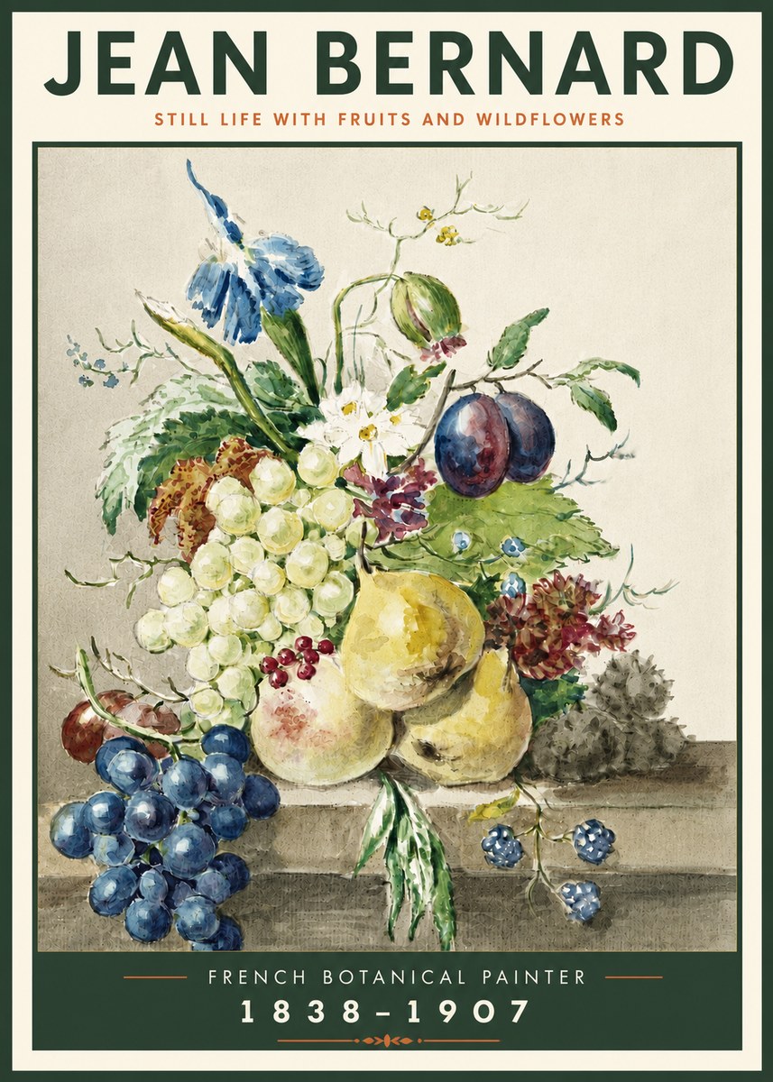 Jean Bernard Still Life with Fruits and Wildflowers No4 - Juliste