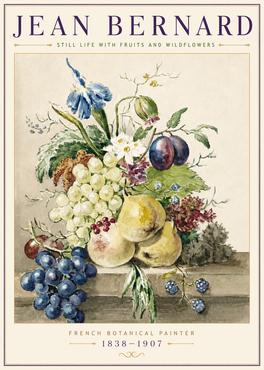 Jean Bernard Still Life with Fruits and Wildflowers No5 - Juliste