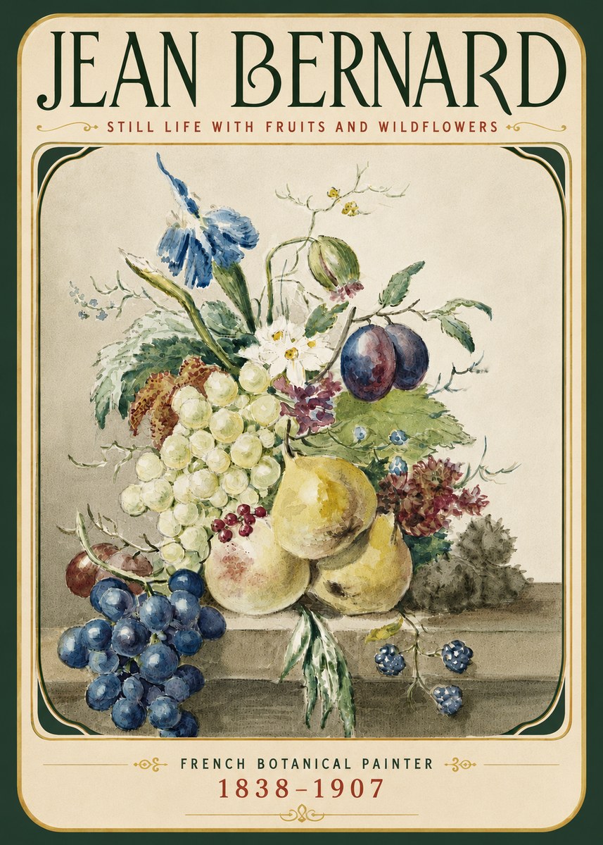 Jean Bernard Still Life with Fruits and Wildflowers No6 - Juliste