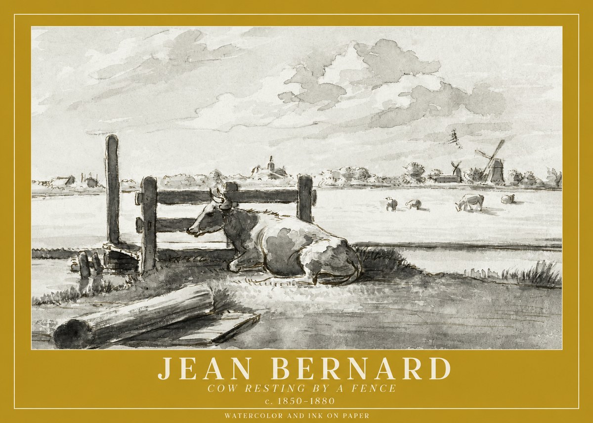 Jean Bernard Cow Resting by a Fence No1 - Juliste