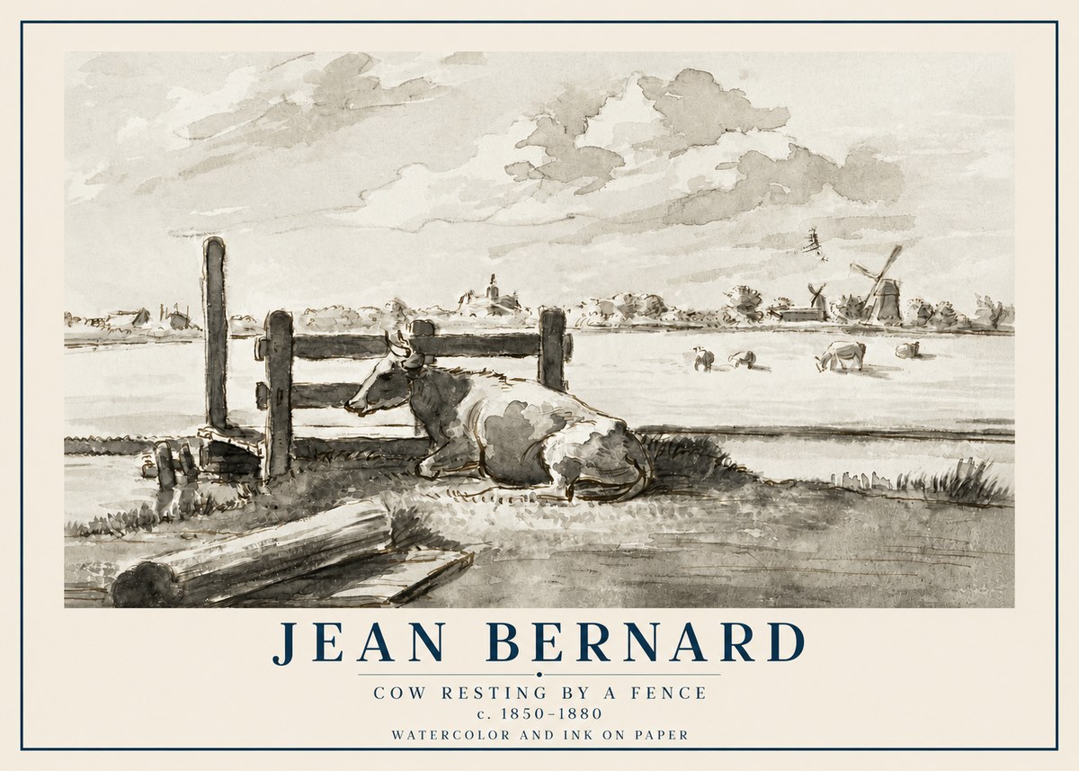 Jean Bernard Cow Resting by a Fence No2 - Juliste