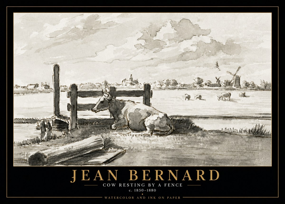 Jean Bernard Cow Resting by a Fence No5 - Juliste