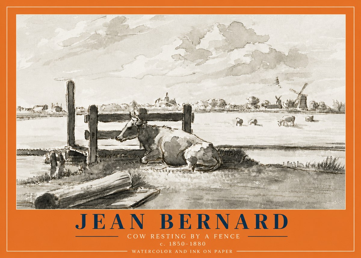 Jean Bernard Cow Resting by a Fence No6 - Juliste