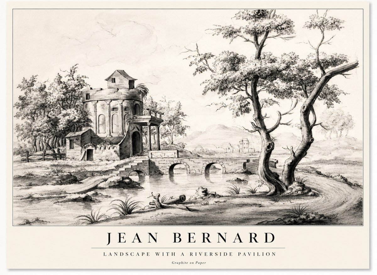 Jean Bernard Riverside Landscape with Bridge and Tower No2 - Juliste
