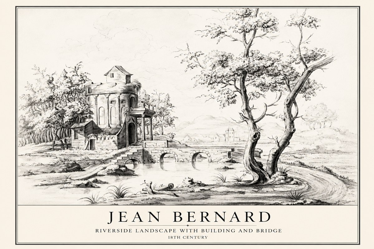 Jean Bernard Riverside Landscape with Bridge and Tower No4 - Juliste
