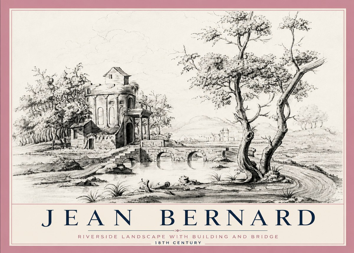 Jean Bernard Riverside Landscape with Bridge and Tower No6 - Juliste