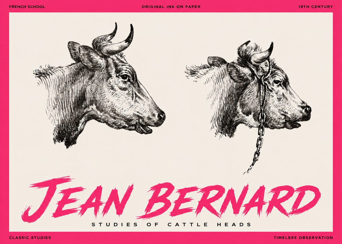 Jean Bernard Studies of Cattle Heads No3 - Juliste