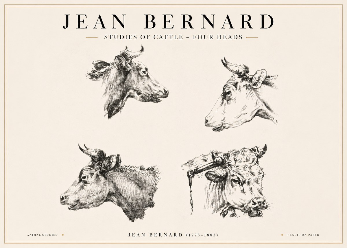 Jean Bernard Studies of Cattle - Four Heads No1 - Juliste