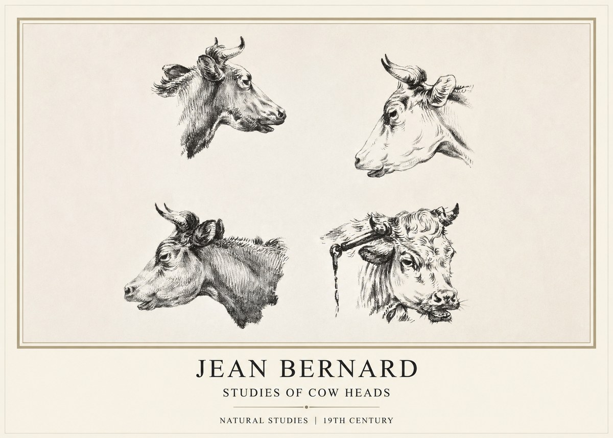 Jean Bernard Studies of Cattle - Four Heads No2 - Juliste