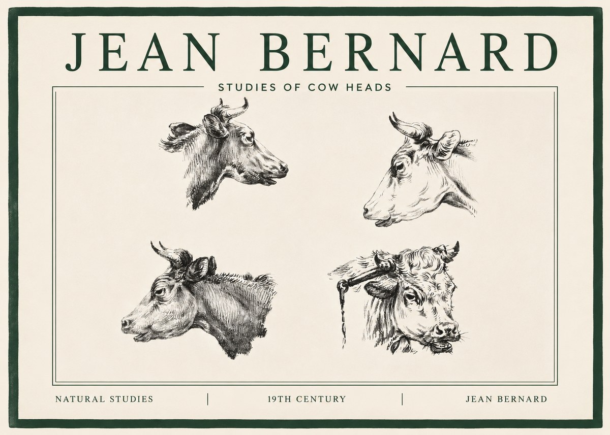 Jean Bernard Studies of Cattle - Four Heads No4 - Juliste
